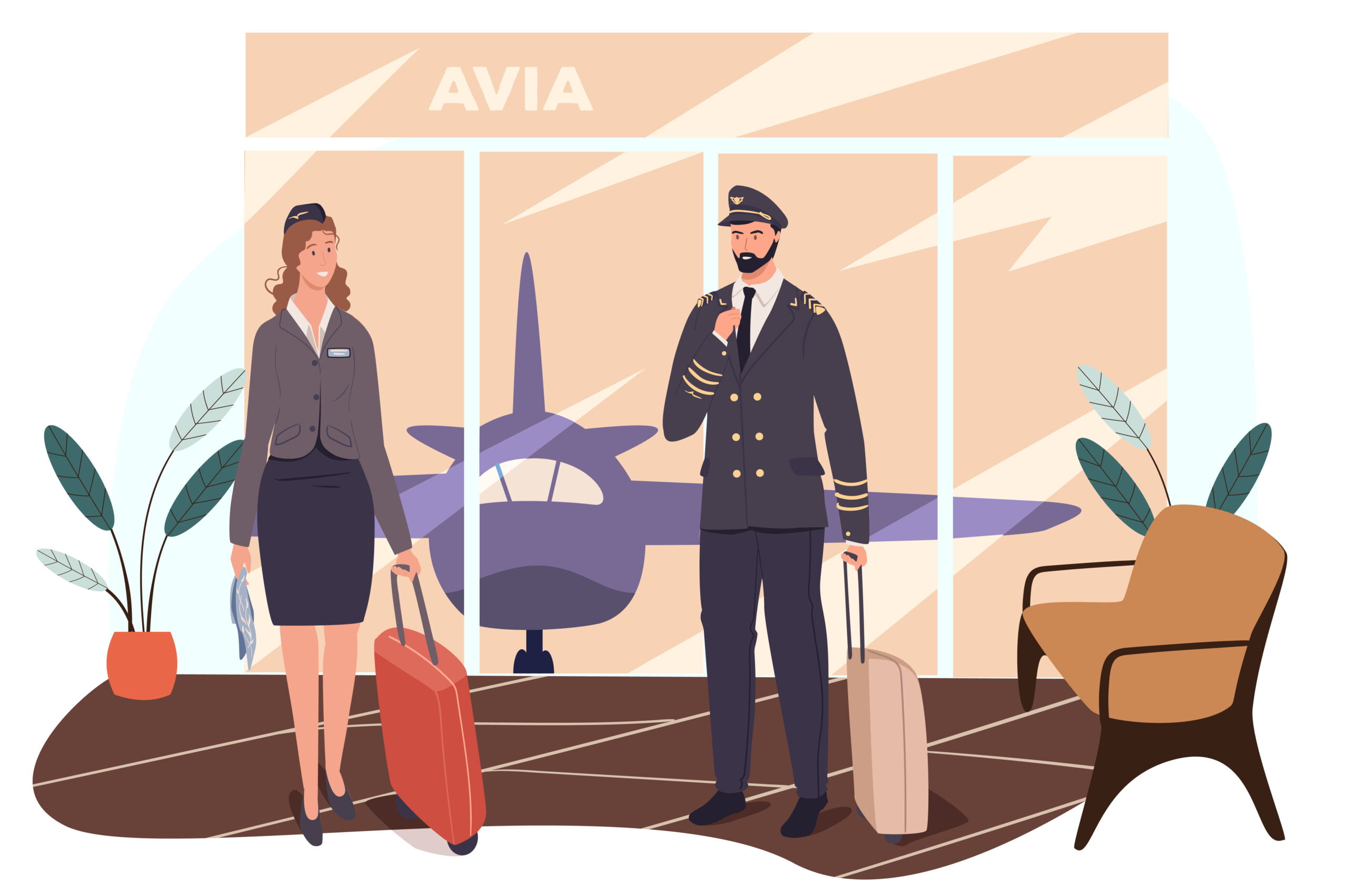 Airport web concept. Aircraft crew is preparing for flight. Stewardess and pilot standing with their suitcases in waiting room. People scenes template. Vector illustration of characters in flat design