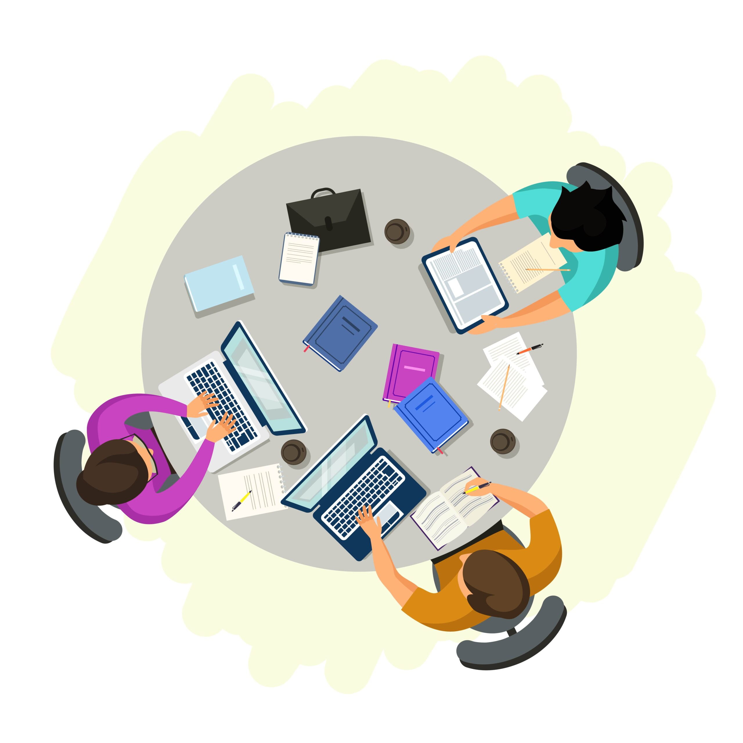 People working in open workspace, men and woman studying at desk with laptops and books in university campus, cafe or office workplace. Business interior design
